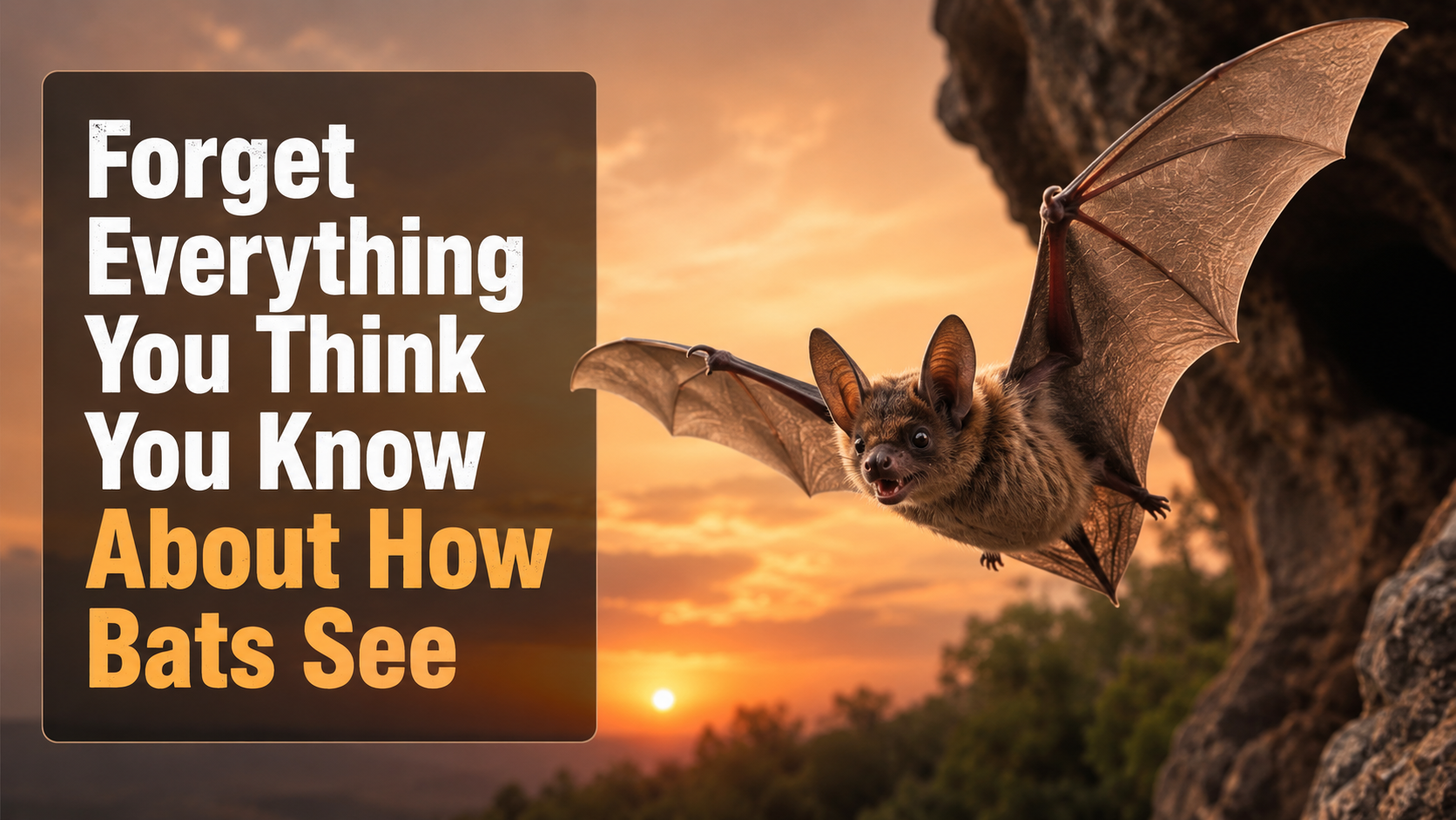 A photorealistic bat with outstretched wings flies at dusk against a golden sky