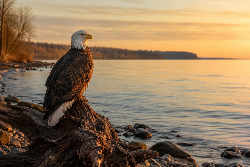 A bald eagle perched on a Great Lakes shoreline at golden hour, calm water behind it, looking outward