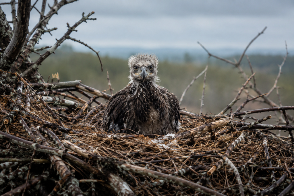 A lone eaglet in a damaged nest, wind-flattened branches around it, looking directly at the camera