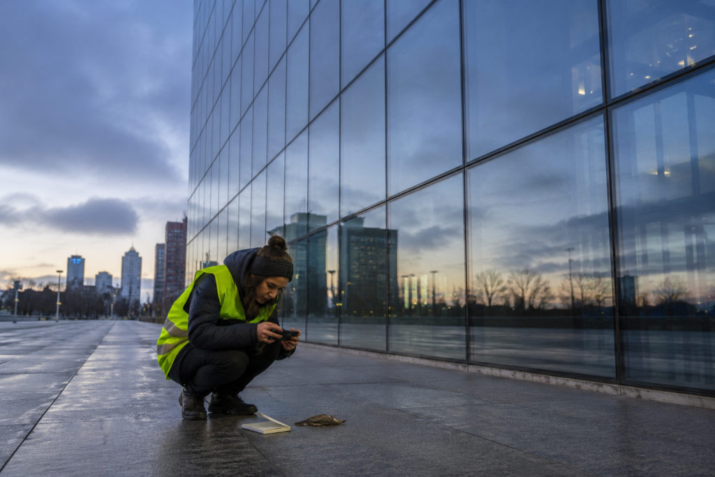 A researcher in a high-visibility vest crouching at the base of a large glass building at dawn, carefully documenting a small bird on the ground in front of them, city reflected in the glass above