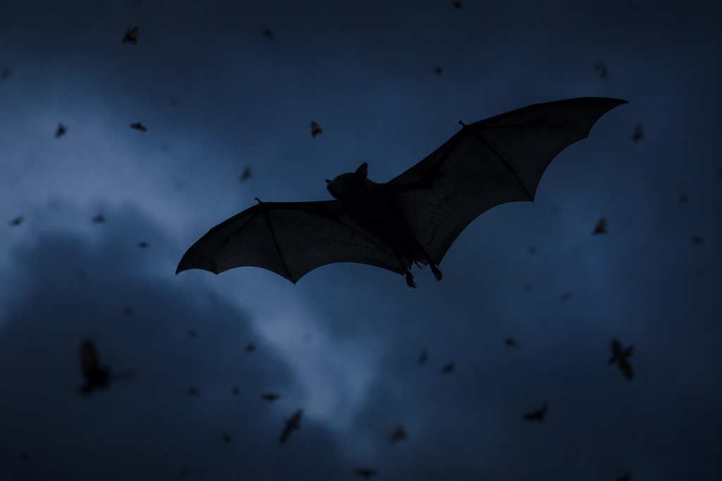 A single bat in silhouette flying against a deep navy twilight sky, wings fully spread, a blur of moths around it