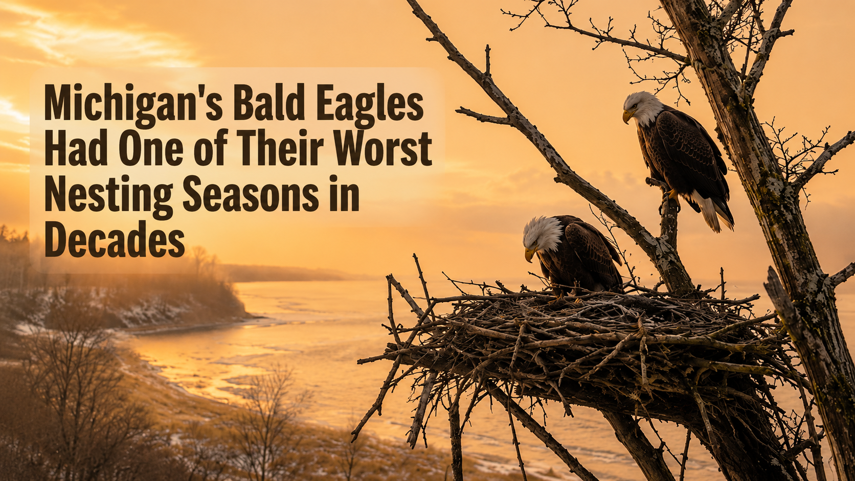 Two bald eagles stand near a large nest in a bare tree at sunset over a Michigan lakeshore, illustrating a news story about the state’s poor bald eagle nesting season.