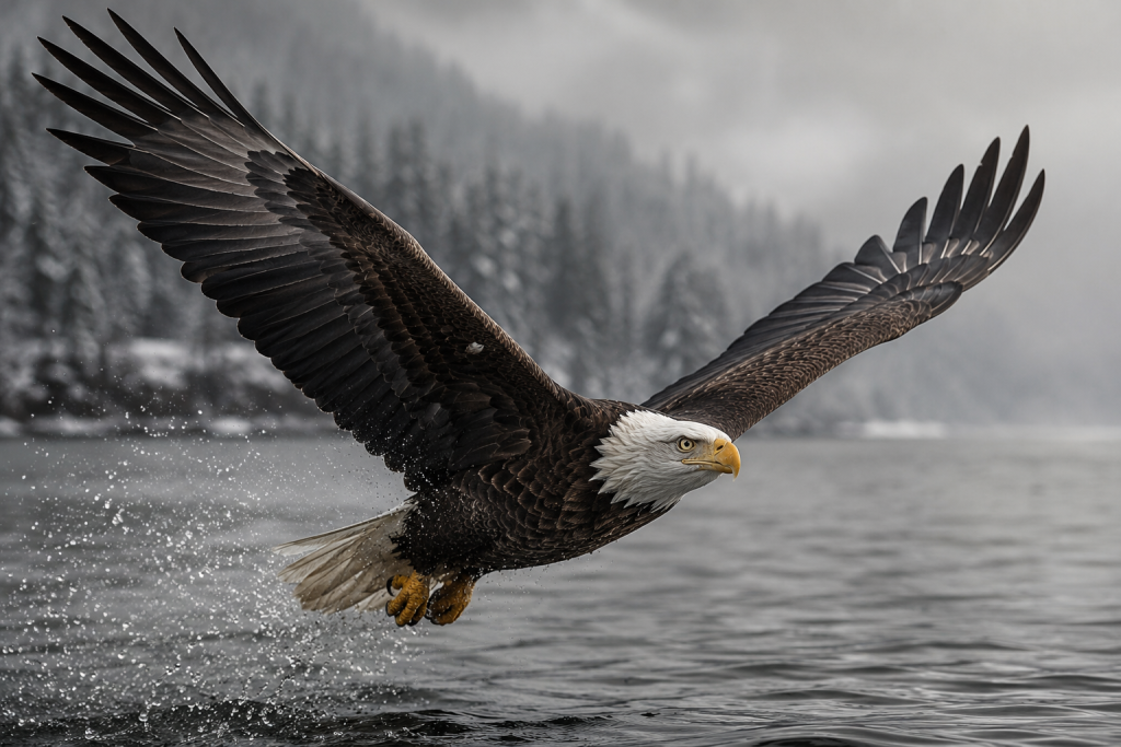 A dramatic close-up of a bald eagle in flight over a grey winter lake, wings fully spread, water droplets catching the light