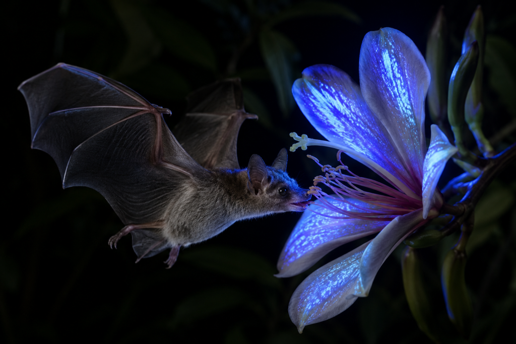 A bat hovering in front of a tropical flower at night, rendered with a subtle ultraviolet glow on the flower petals invisible to the human eye