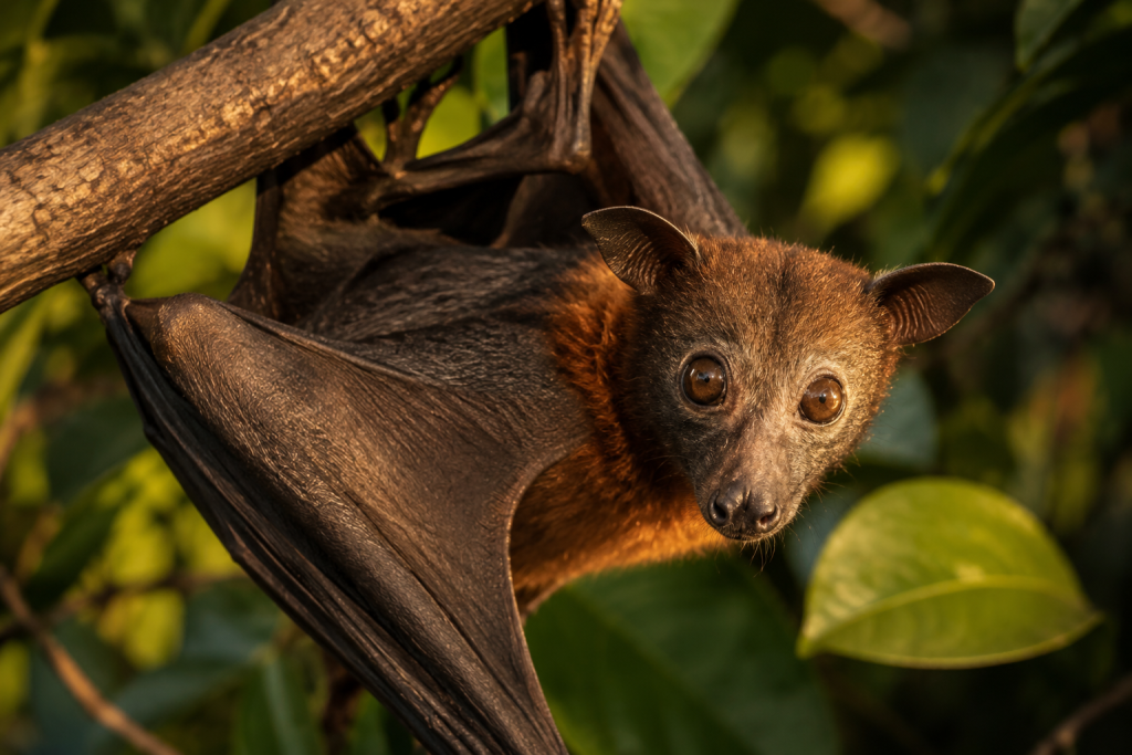 A large fruit bat clinging to a branch at dusk, eyes wide open and alert, looking directly at the camera