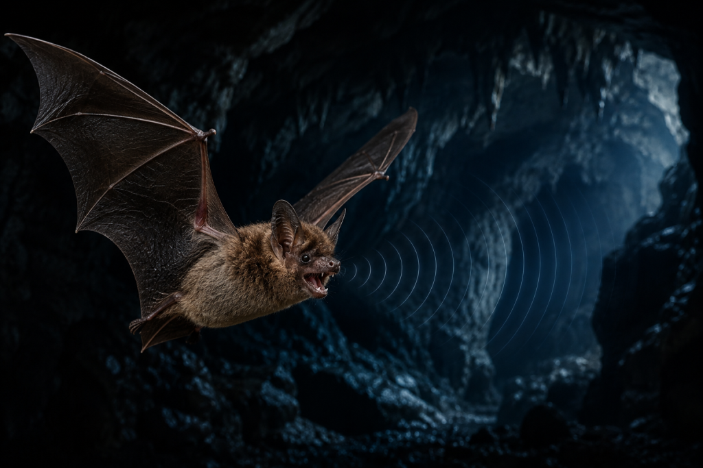 A close-up of a small brown bat mid-flight in a dark cave, mouth slightly open, emitting a call, sound waves visualised as faint rippling rings spreading outward through the darkness toward distant cave walls