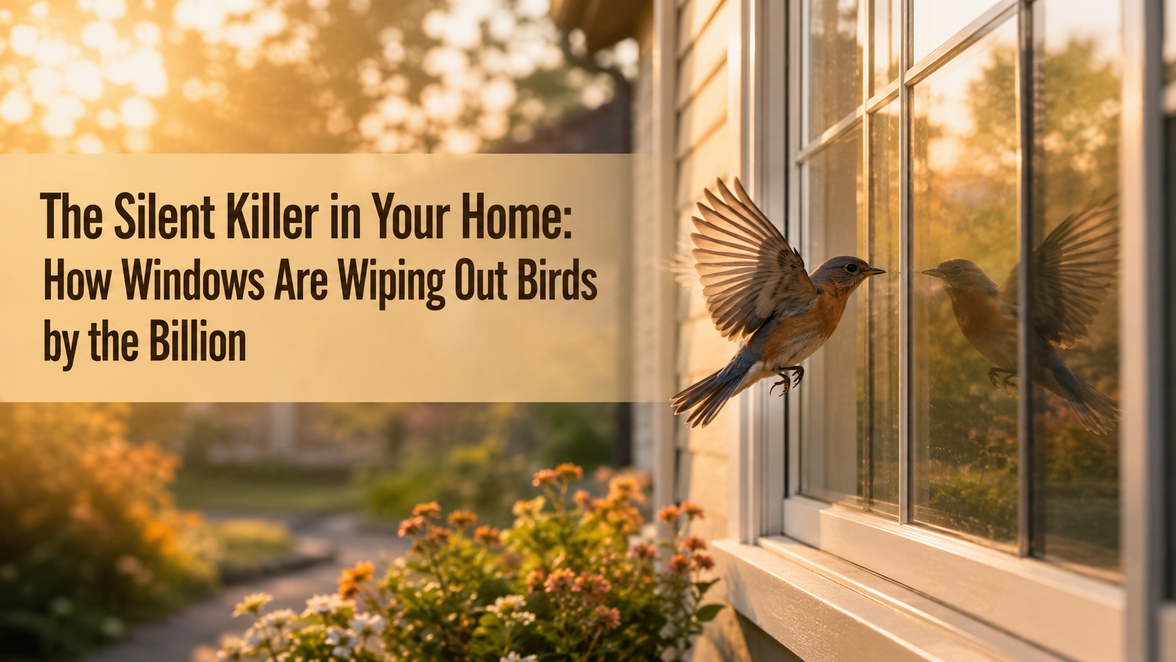 A small bird flies toward a reflective home window at golden hour, with bold headline text warning how window collisions are wiping out birds by the billion.