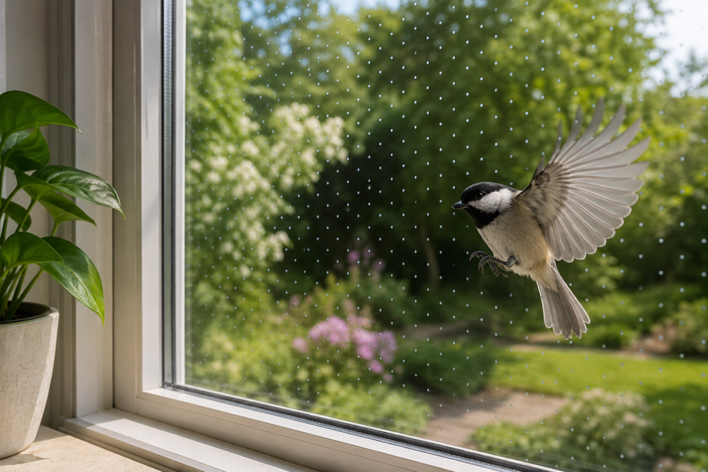 Close-up of a home window with a subtle dot-pattern bird-safe film applied to the glass, green garden visible through it, a chickadee approaching from outside in sharp focus