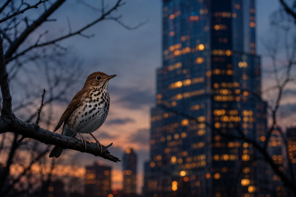 A wood thrush perched on a bare branch at dusk in an urban park, a lit glass skyscraper blurred in the background, the bird looking alert and small against the city scale