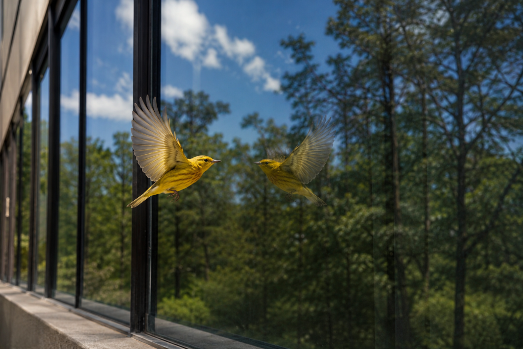 A yellow warbler mid-flight reflected in a large glass office building window, the reflection showing trees and blue sky